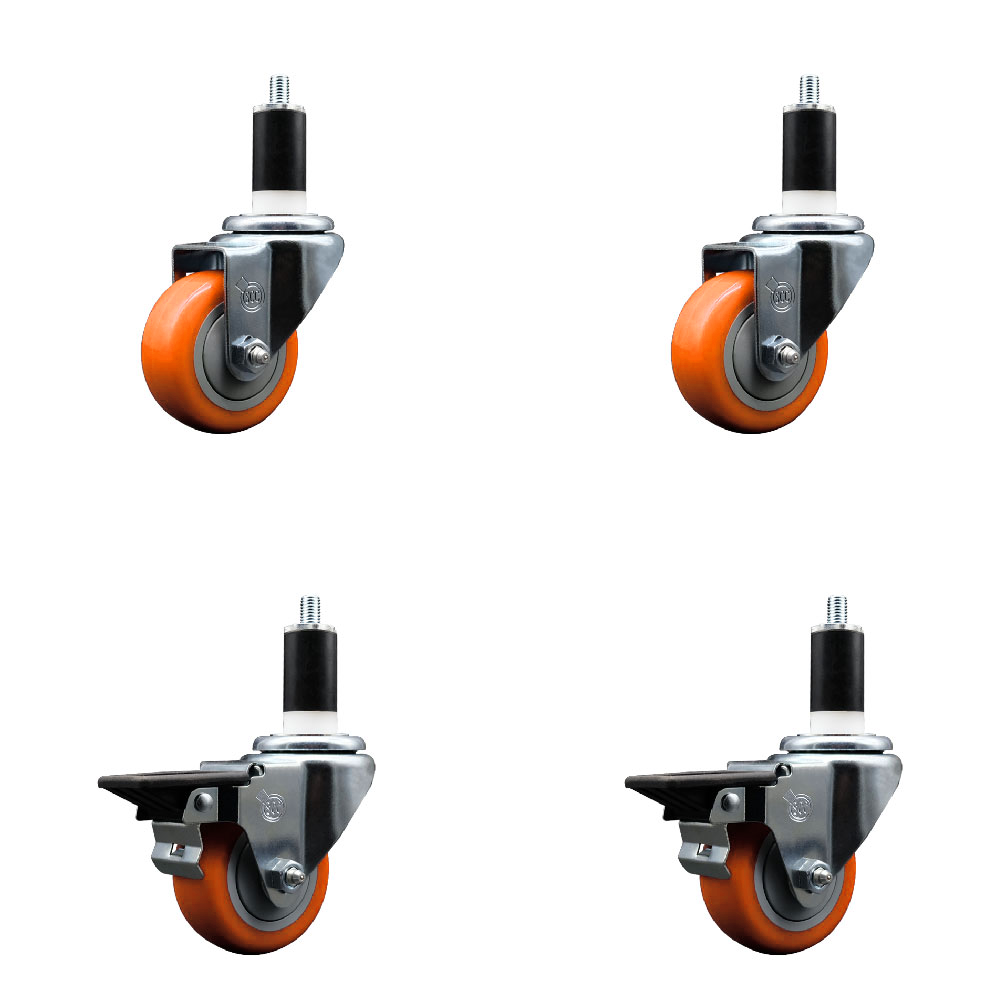 Polyurethane Swivel Expanding Stem Caster Set of 4 with 3 Inch Orange Wheels and 1-3/8" Stems - Includes 2 with Posi Locking Brakes - 1200 lbs Total Capacity - Service Caster Brand — photo 1
