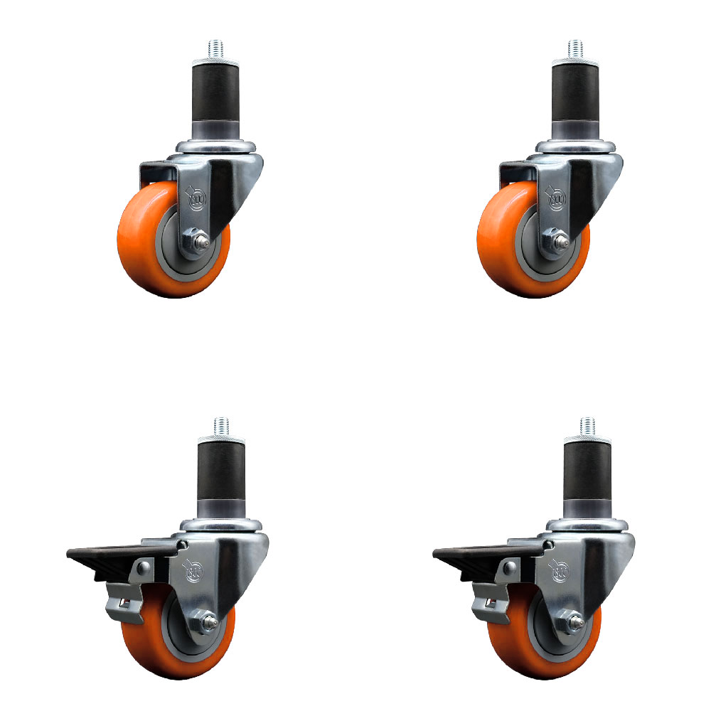 Polyurethane Swivel Expanding Stem Caster Set of 4 with 3 Inch Orange Wheels and 1-5/8" Stems - Includes 2 with Posi Locking Brakes - 1200 lbs Total Capacity - Service Caster Brand — photo 1