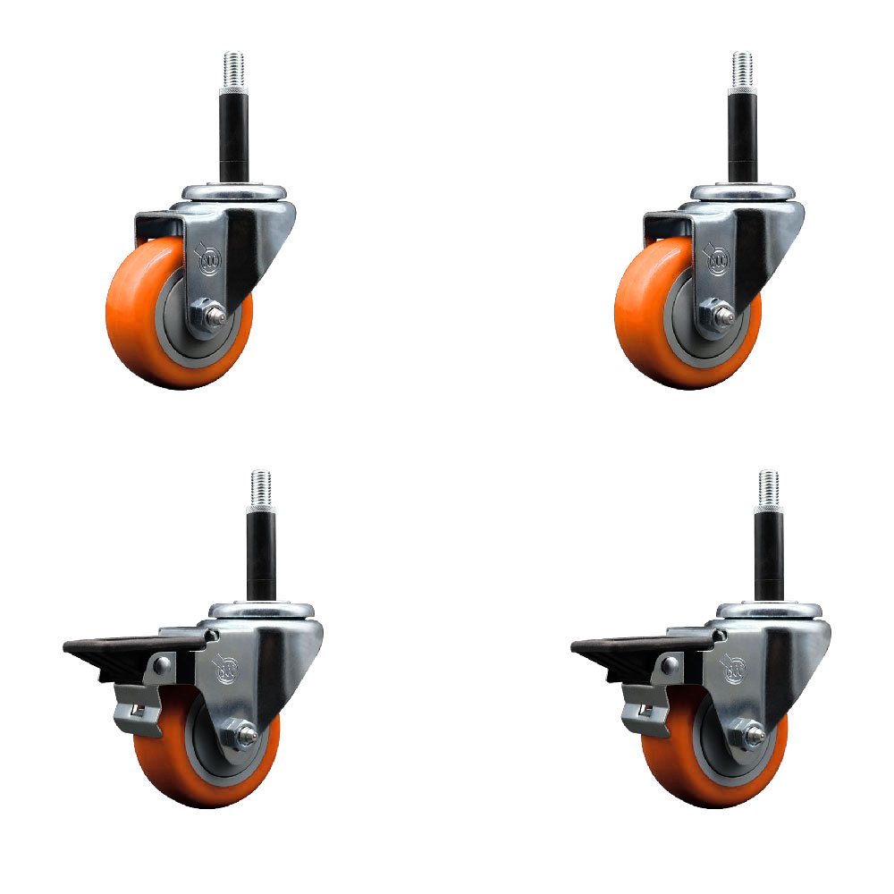 Polyurethane Swivel Expanding Stem Caster Set of 4 with 3 Inch Orange Wheels and 3/4" Stems - Includes 2 with Posi Locking Brakes - 1200 lbs Total Capacity - Service Caster Brand — photo 1