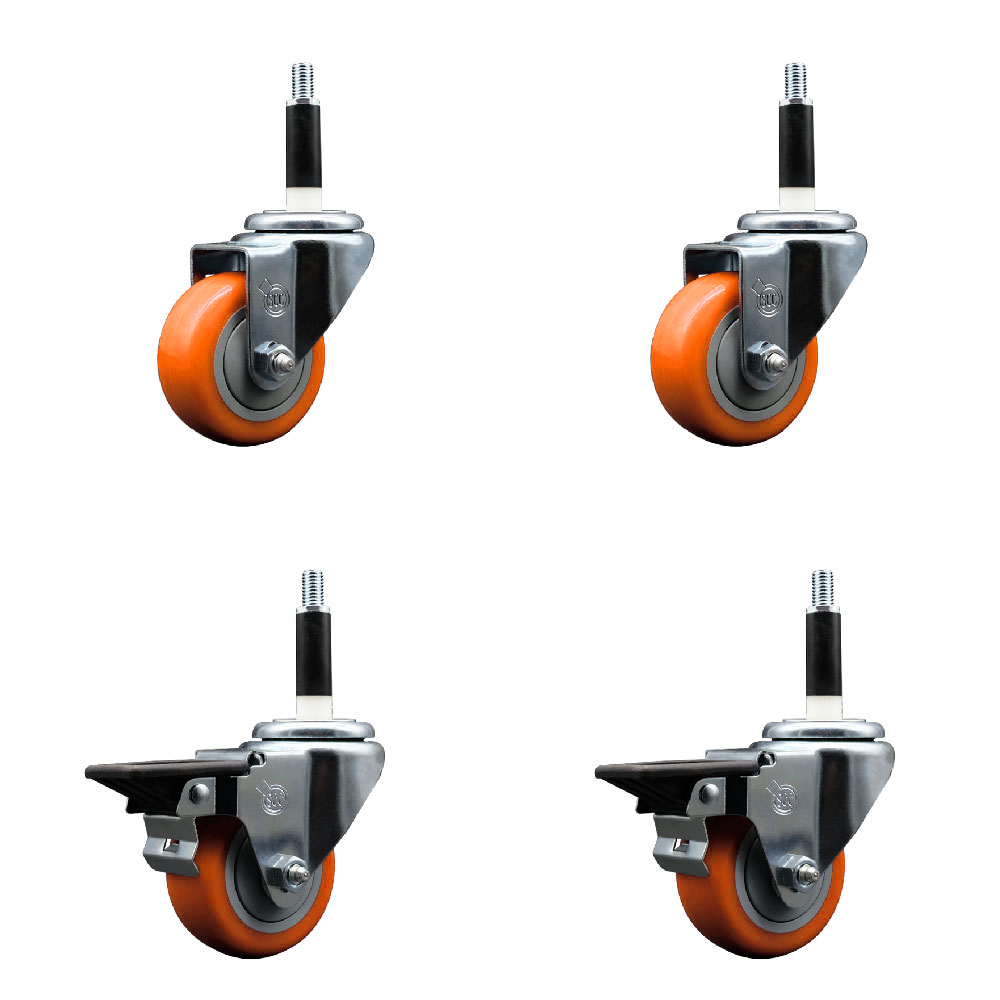 Polyurethane Swivel Expanding Stem Caster Set of 4 with 3 Inch Orange Wheels and 7/8" Stems - Includes 2 with Posi Locking Brakes - 1200 lbs Total Capacity - Service Caster Brand — photo 1