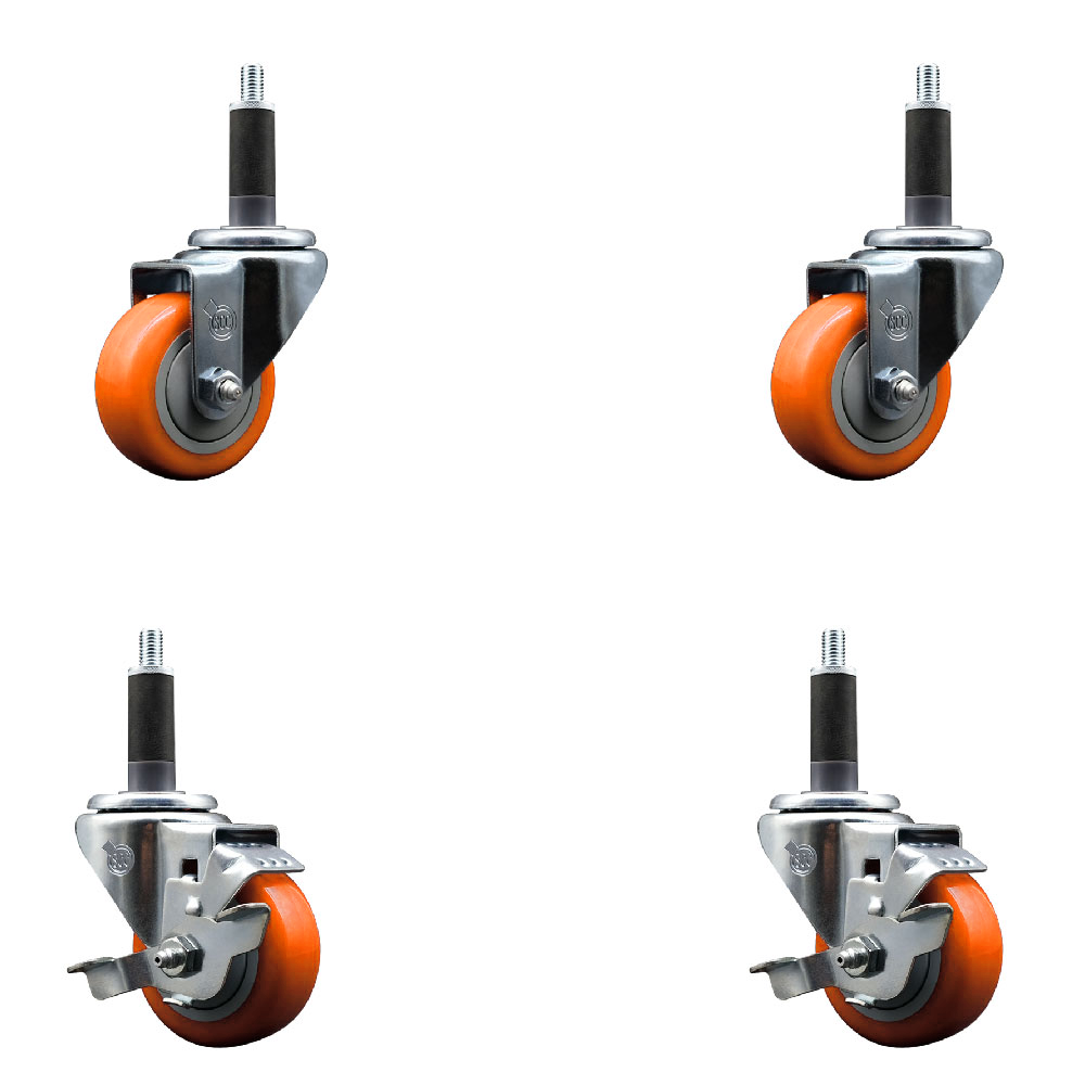 Stainless Steel Polyurethane Swivel Expanding Stem Caster Set of 4 with 3 Inch Orange Wheels and 1" Stems - Includes 2 with Top Locking Brakes - 1200 lbs Total Capacity - Service Caster Brand — photo 1