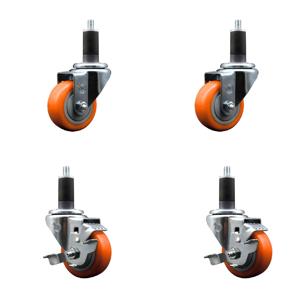 Polyurethane Swivel Stem Caster Set of 4 with 3 Inch Orange Caster Wheels - 1-1/4" Expanding Stems -316 Stainless Steel Casters-Includes 2 Swivel with Top Lock Brakes and 2 Swivel-Service Caster Brand — photo 1