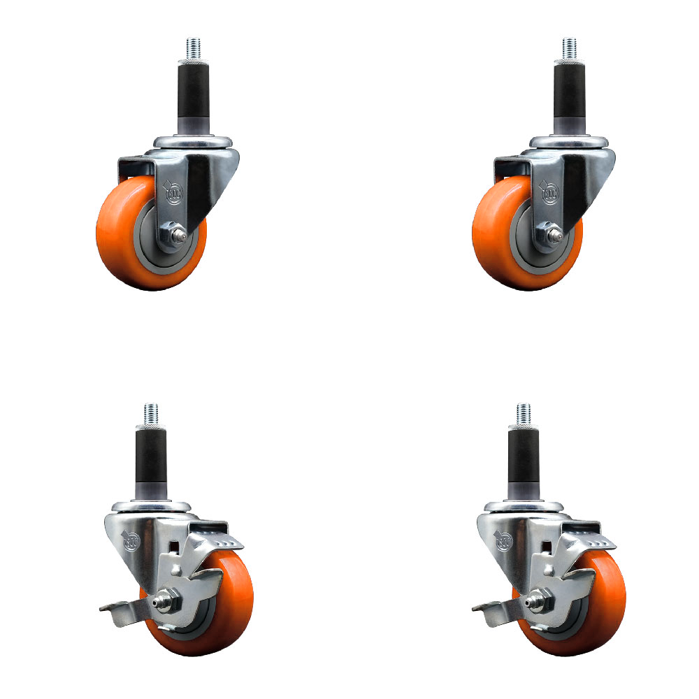 Polyurethane Swivel Expanding Stem Caster Set of 4 with 3 Inch Orange Wheels and 1-1/8" Stems - Includes 2 with Top Locking Brakes - 1200 lbs Total Capacity - Service Caster Brand — photo 1