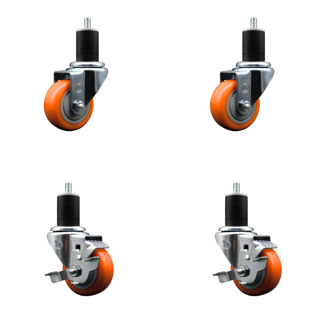 Polyurethane Swivel Expanding Stem Caster Set of 4 with 3 Inch Orange Wheels and 1-3/4" Stems - Includes 2 with Top Locking Brakes - 1200 lbs Total Capacity - Service Caster Brand — photo 1