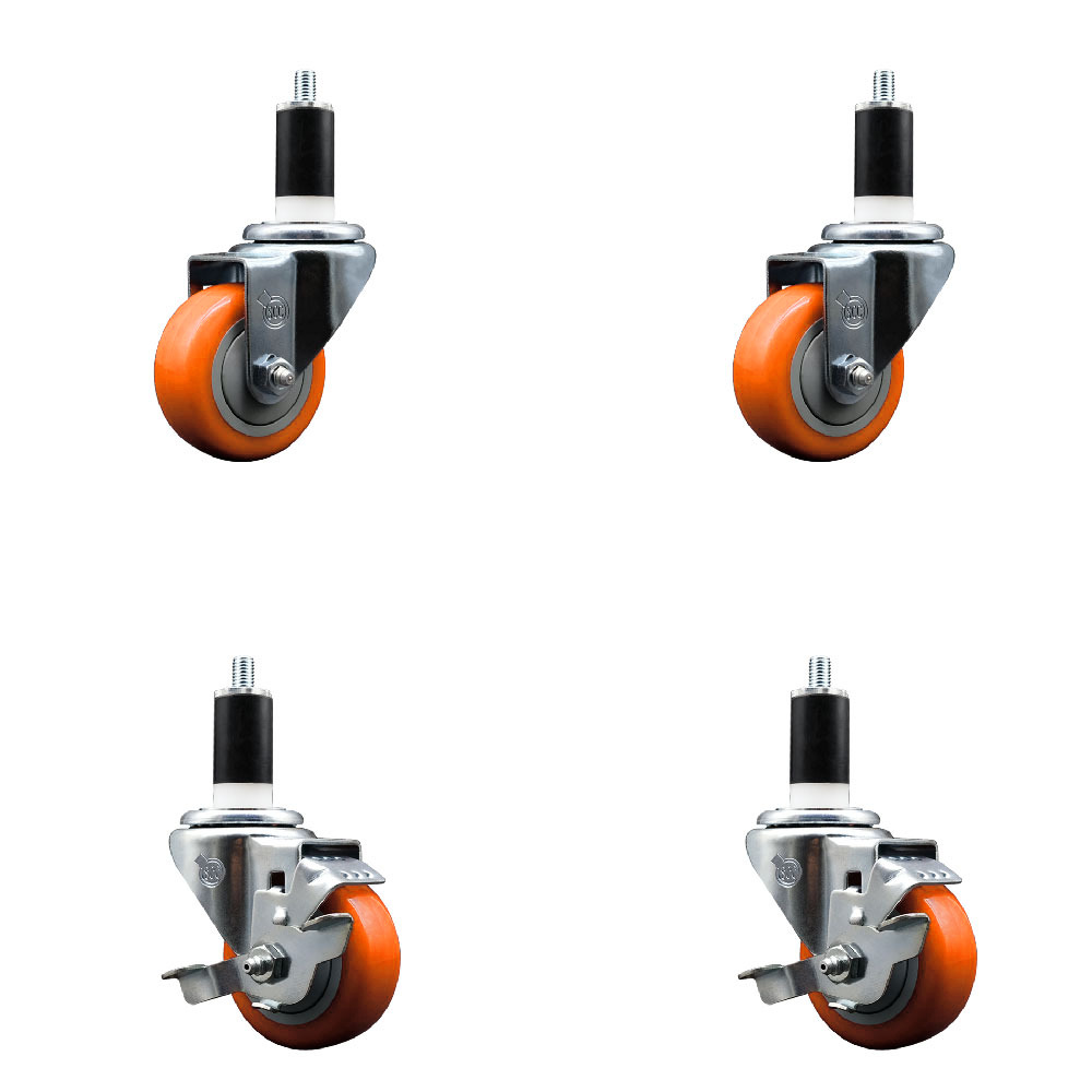 Polyurethane Swivel Expanding Stem Caster Set of 4 with 3 Inch Orange Wheels and 1-3/8" Stems - Includes 2 with Top Locking Brakes - 1200 lbs Total Capacity - Service Caster Brand — photo 1
