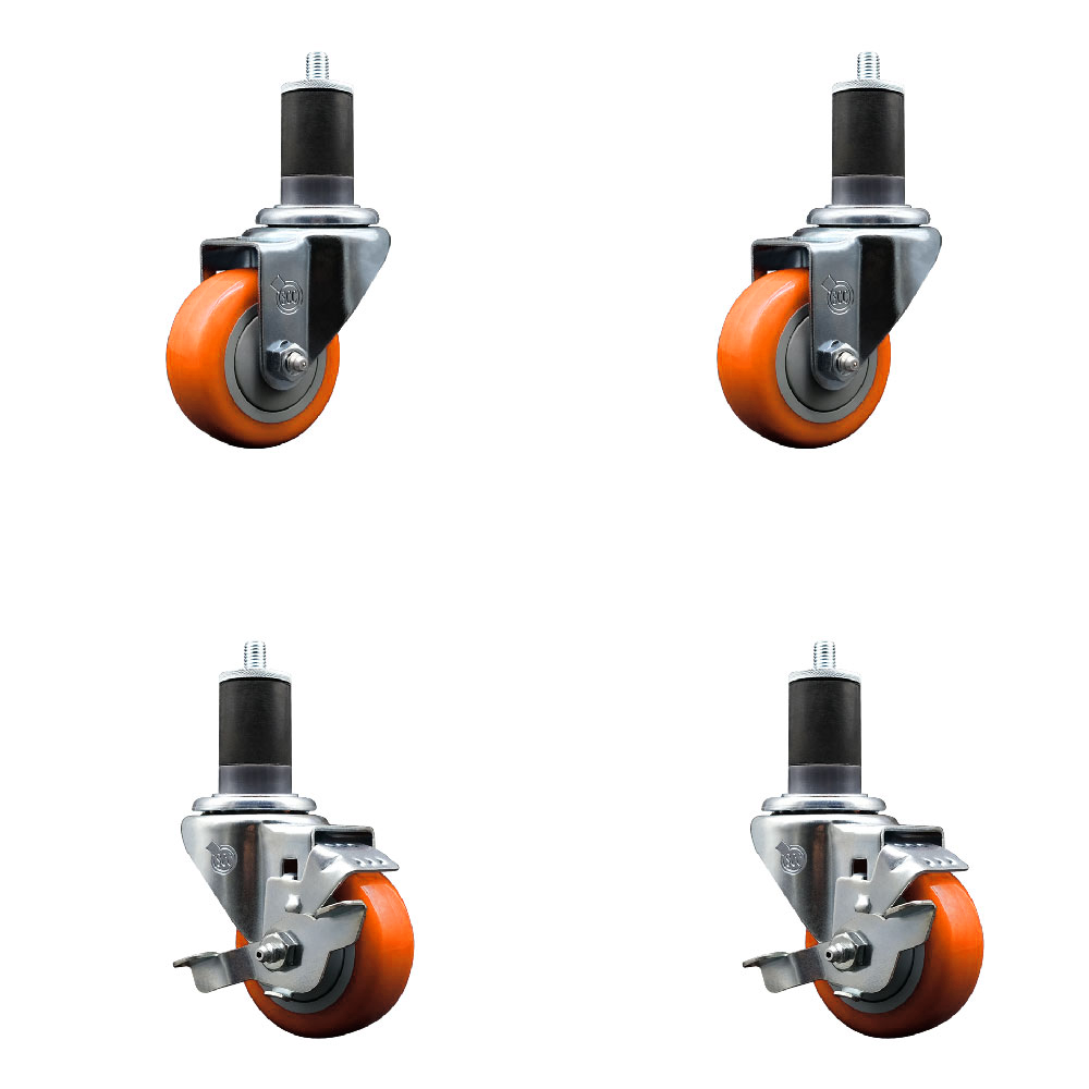 Polyurethane Swivel Expanding Stem Caster Set of 4 with 3 Inch Orange Wheels and 1-5/8" Stems - Includes 2 with Top Locking Brakes - 1200 lbs Total Capacity - Service Caster Brand — photo 1