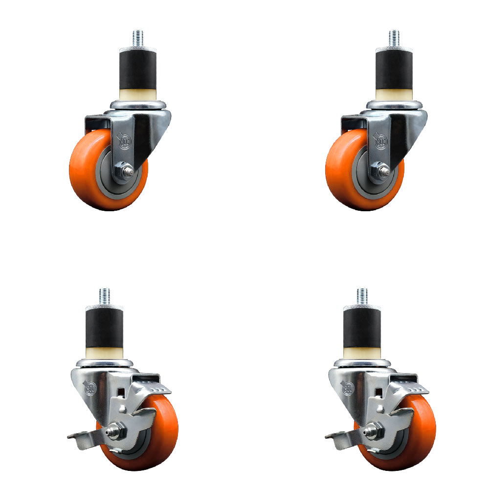 Stainless Steel Polyurethane Swivel Expanding Stem Caster Set of 4 with 3 Inch Orange Wheels and 1-7/8" Stems - Includes 2 with Top Locking Brakes - 1200 lbs Total Capacity - Service Caster Brand — photo 1