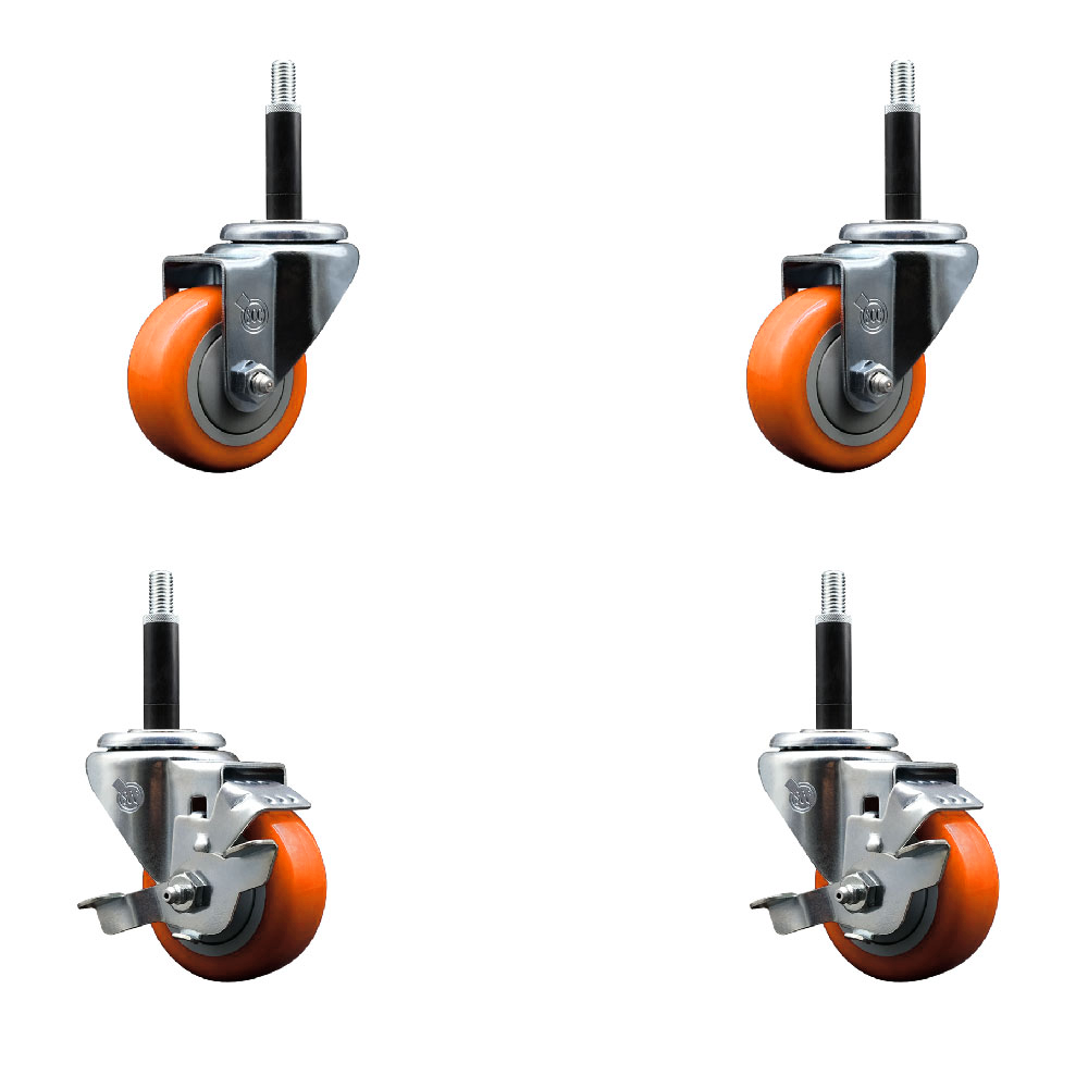 Polyurethane Swivel Expanding Stem Caster Set of 4 with 3 Inch Orange Wheels and 3/4" Stems - Includes 2 with Top Locking Brakes - 1200 lbs Total Capacity - Service Caster Brand — photo 1