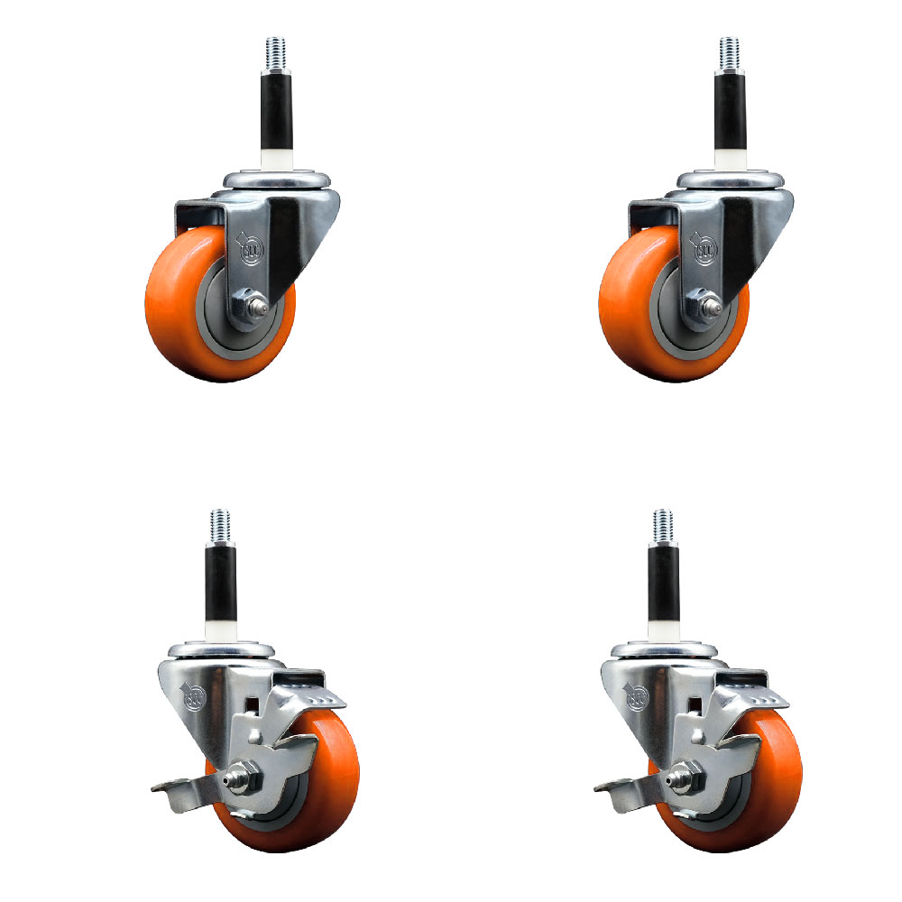 Stainless Steel Polyurethane Swivel Expanding Stem Caster Set of 4 with 3 Inch Orange Wheels and 7/8" Stems - Includes 2 with Top Locking Brakes - 1200 lbs Total Capacity - Service Caster Brand — photo 1