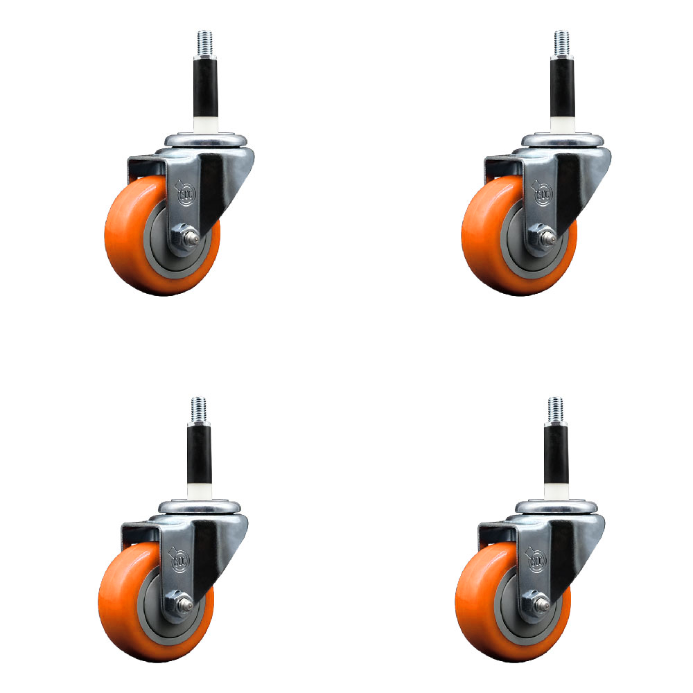 Polyurethane Swivel Expanding Stem Caster Set of 4 with 3 Inch Orange Wheels and 7/8" Stems - 300 lbs. Capacity Per Caster - Service Caster Brand — photo 1
