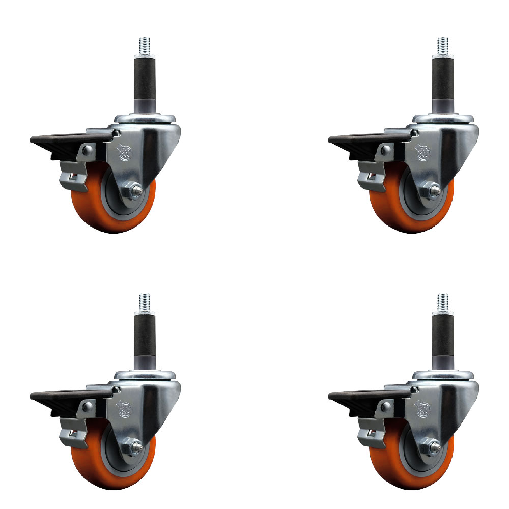 Polyurethane Swivel Expanding Stem Caster Set of 4 with 3 Inch Orange Wheels and 1" Stems - Includes 4 Swivel with Posi Locking Brakes - 300 lbs. Capacity Per Caster - Service Caster Brand — photo 1
