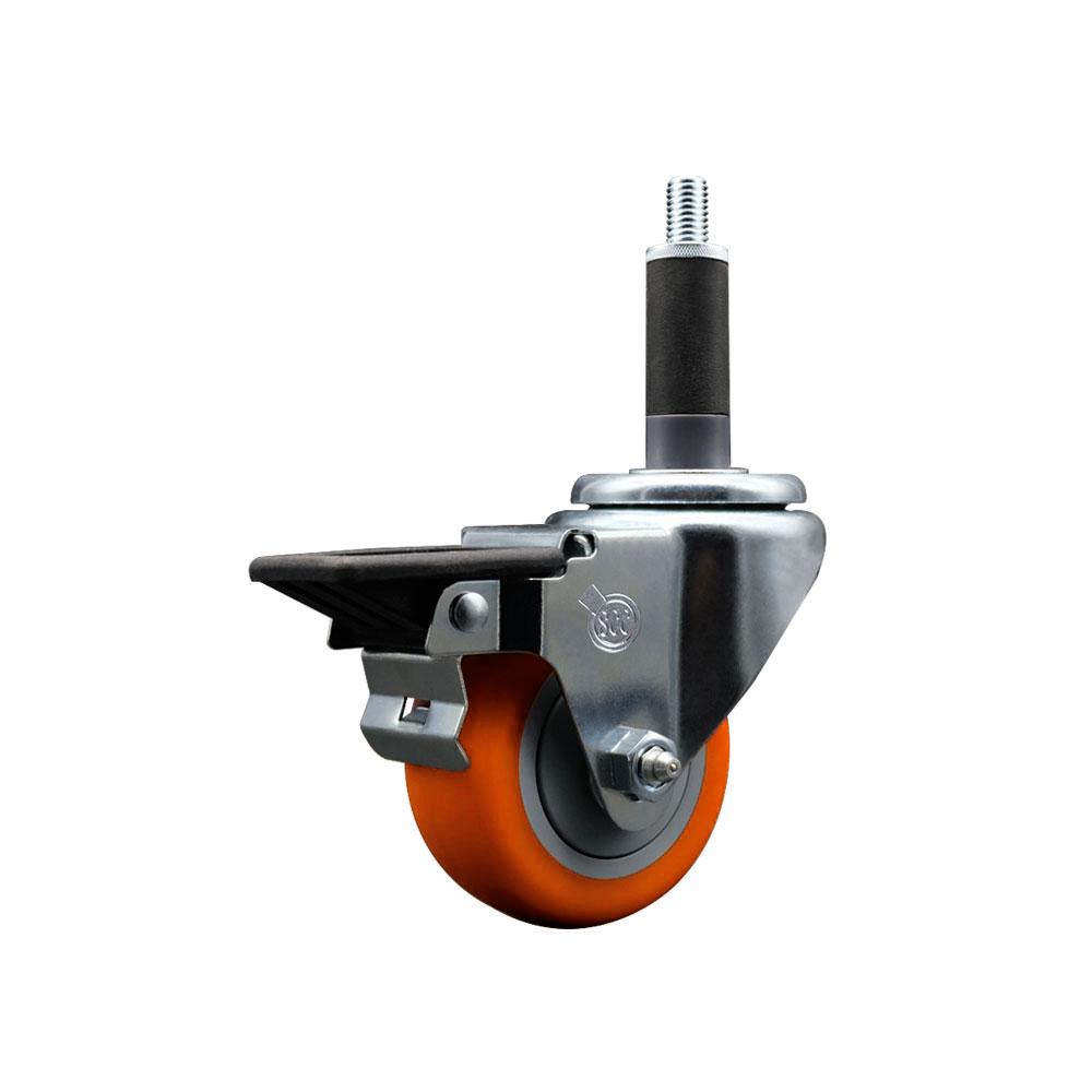 Polyurethane Expanding Stem Swivel Caster with 3 Inch Orange Wheel and 1" Stem & Posi Locking Brake - 300 lbs. Capacity Per Caster - Service Caster Brand — photo 1