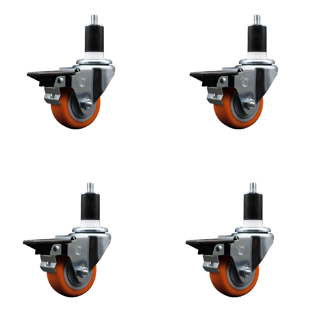 Polyurethane Swivel Expanding Stem Caster Set of 4 with 3 Inch Orange Wheels and 1-1/2" Stems - Includes 4 Swivel with Posi Locking Brakes - 300 lbs. Capacity Per Caster - Service Caster Brand — photo 1
