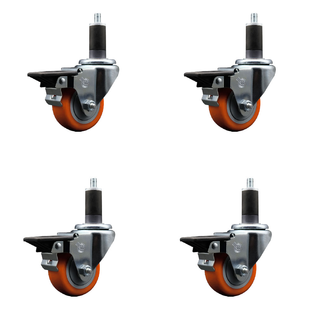Polyurethane Swivel Expanding Stem Caster Set of 4 with 3 Inch Orange Wheels and 1-1/4" Stems - Includes 4 Swivel with Posi Locking Brakes - 300 lbs. Capacity Per Caster - Service Caster Brand — photo 1