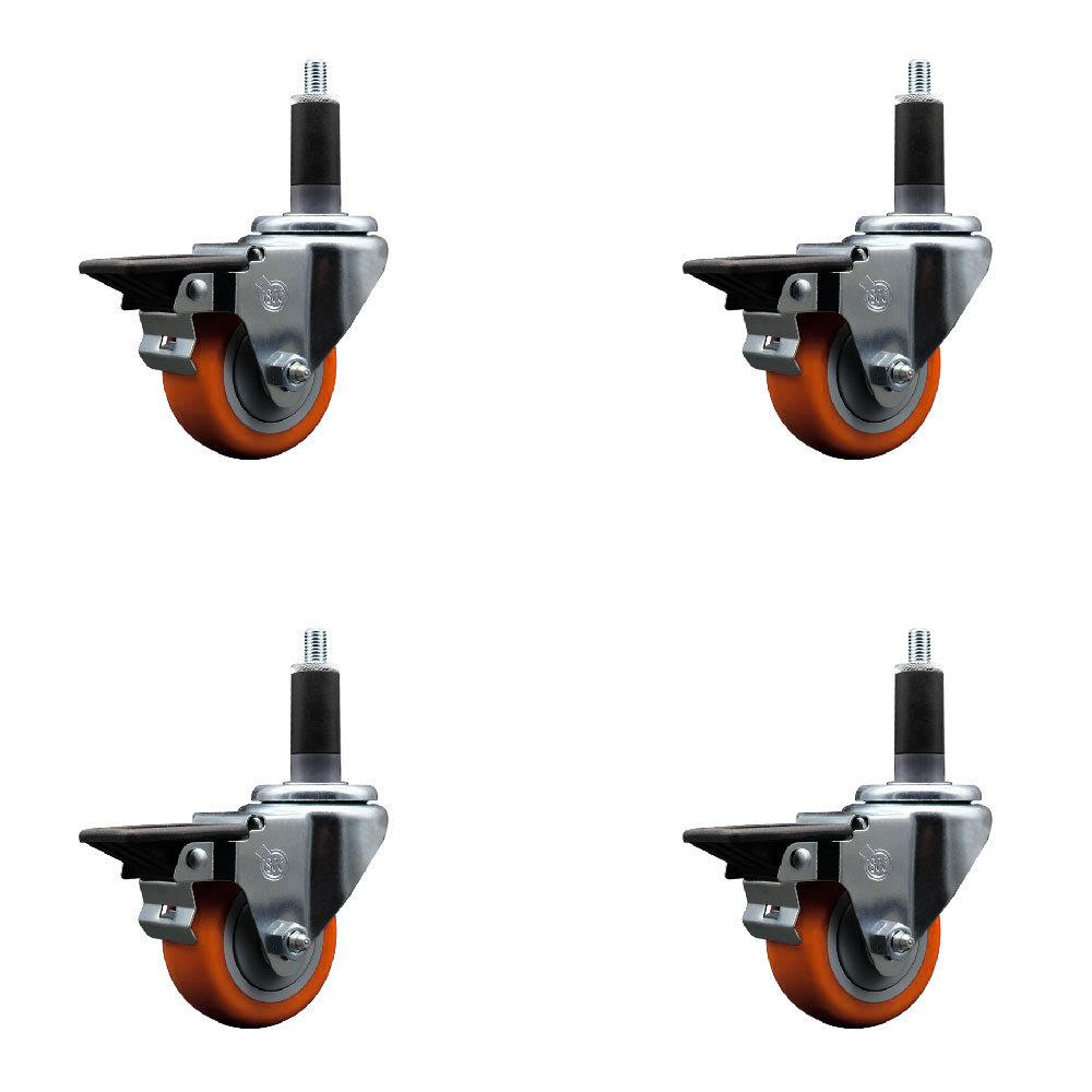 Polyurethane Swivel Expanding Stem Caster Set of 4 with 3 Inch Orange Wheels and 1-1/8" Stems - Includes 4 Swivel with Posi Locking Brakes - 300 lbs. Capacity Per Caster - Service Caster Brand — photo 1