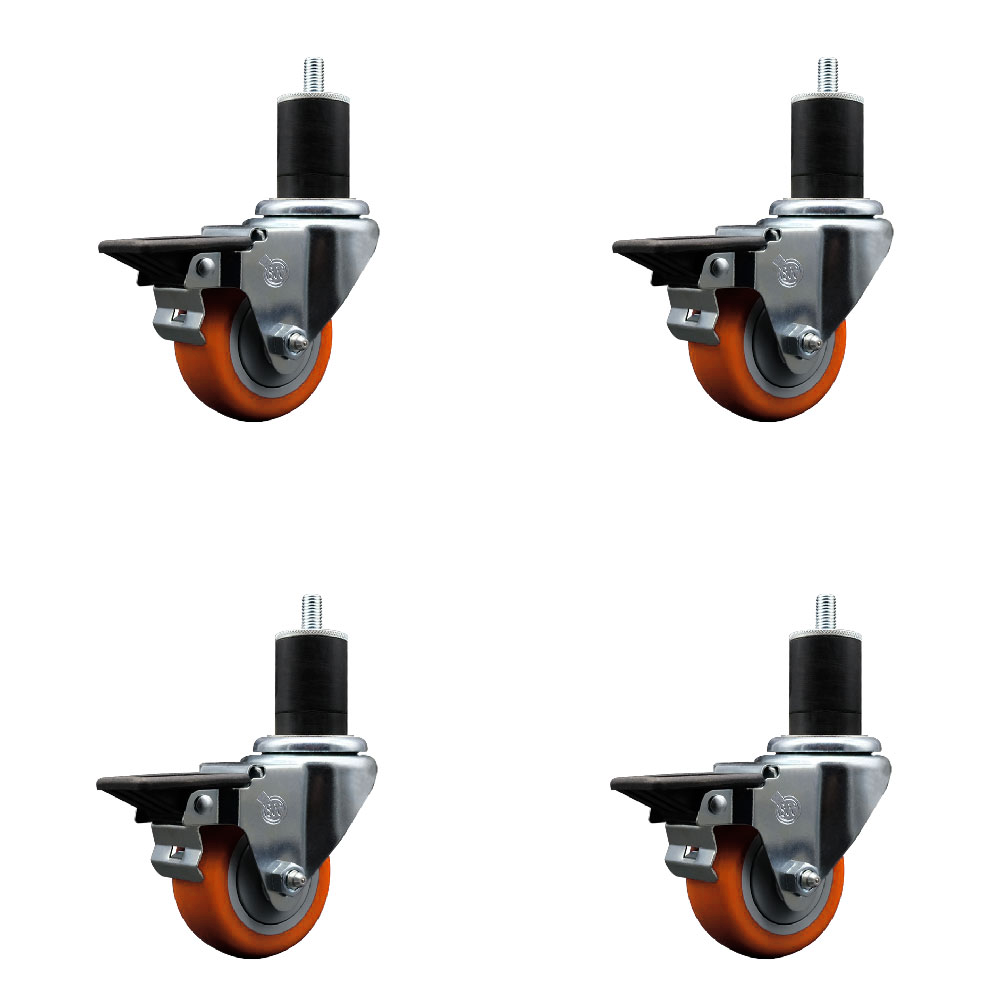 Polyurethane Swivel Expanding Stem Caster Set of 4 with 3 Inch Orange Wheels and 1-3/4" Stems - Includes 4 Swivel with Posi Locking Brakes - 300 lbs. Capacity Per Caster - Service Caster Brand — photo 1