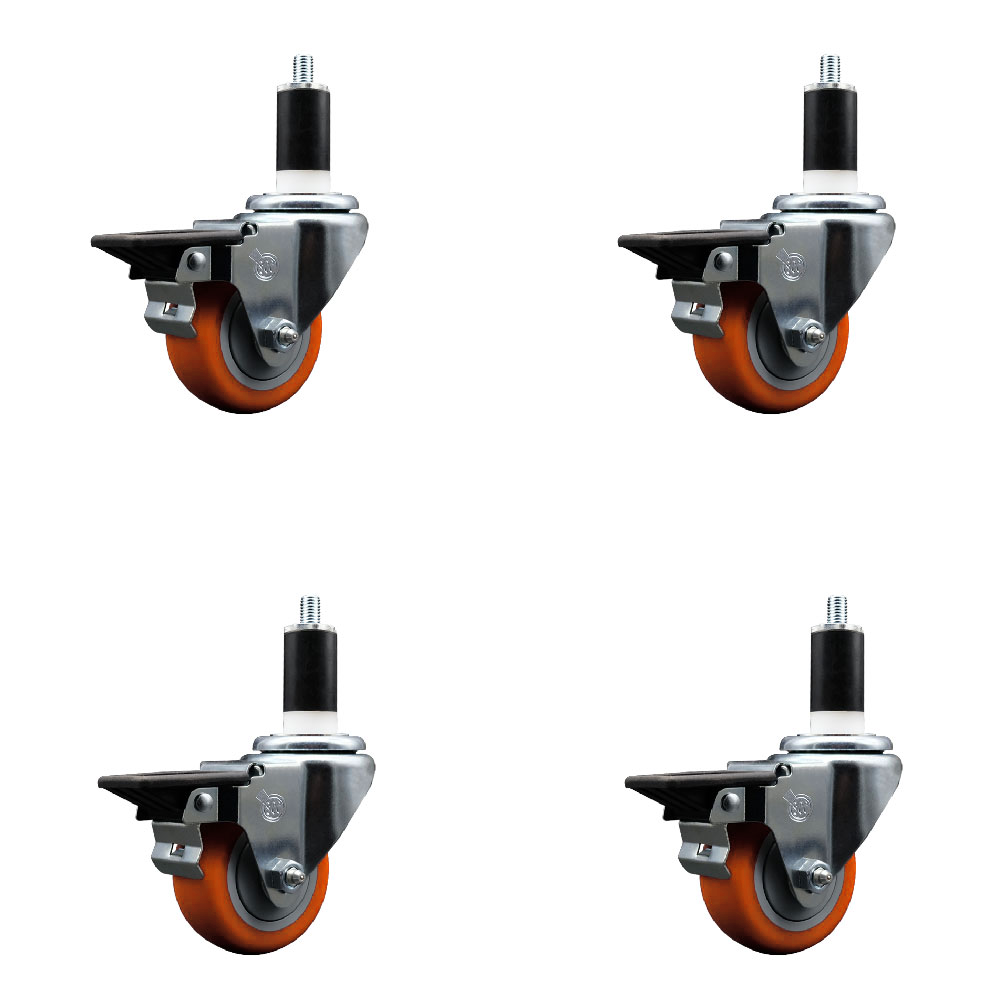 Polyurethane Swivel Expanding Stem Caster Set of 4 with 3 Inch Orange Wheels and 1-3/8" Stems - Includes 4 Swivel with Posi Locking Brakes - 300 lbs. Capacity Per Caster - Service Caster Brand — photo 1