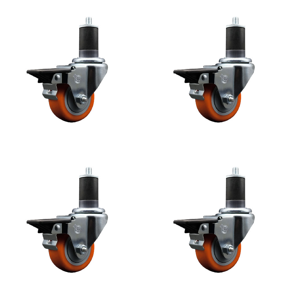 Polyurethane Swivel Expanding Stem Caster Set of 4 with 3 Inch Orange Wheels and 1-5/8" Stems - Includes 4 Swivel with Posi Locking Brakes - 300 lbs. Capacity Per Caster - Service Caster Brand — photo 1