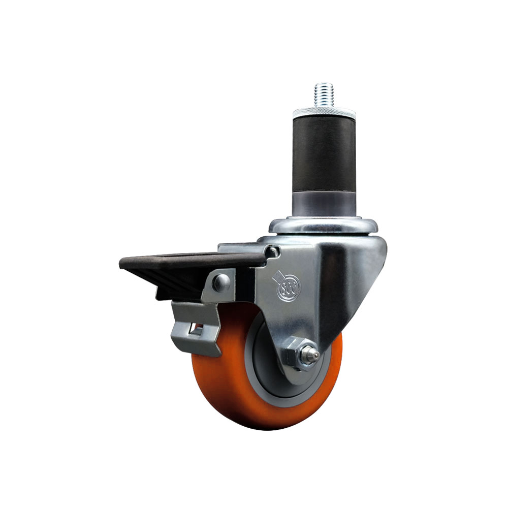 Polyurethane Expanding Stem Swivel Caster with 3 Inch Orange Wheel and 1-5/8" Stem & Posi Locking Brake - 300 lbs. Capacity Per Caster - Service Caster Brand — photo 1