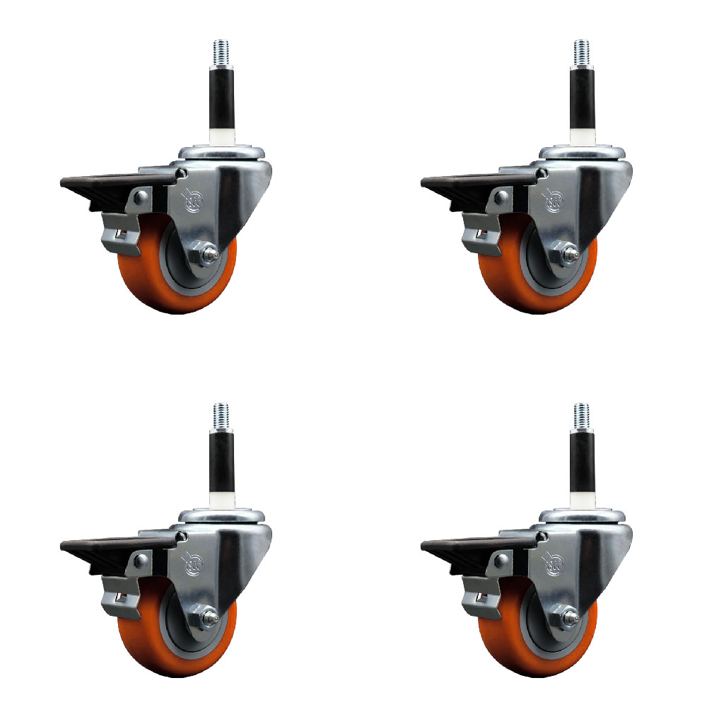 Polyurethane Swivel Expanding Stem Caster Set of 4 with 3 Inch Orange Wheels and 7/8" Stems - Includes 4 Swivel with Posi Locking Brakes - 300 lbs. Capacity Per Caster - Service Caster Brand — photo 1