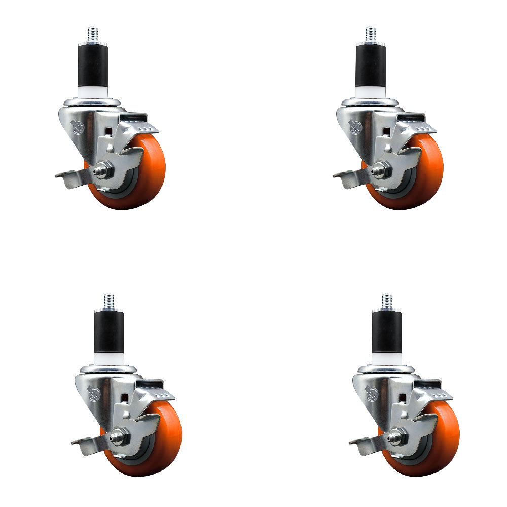 Stainless Steel Polyurethane Swivel Expanding Stem Caster Set of 4 with 3 Inch Orange Wheels and 1-1/2" Stems-Includes 4 Swivel with Top Locking Brakes-300lbs. Capacity Per Caster-Service Caster Brand — photo 1