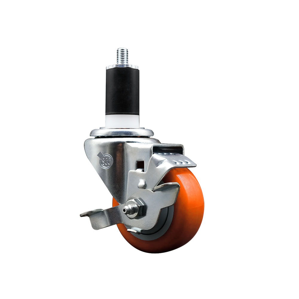 Polyurethane Expanding Stem Swivel Caster with 3 Inch Orange Wheel and 1-1/2" Stem & Top Locking Brake - 300 lbs. Capacity Per Caster - Service Caster Brand — photo 1