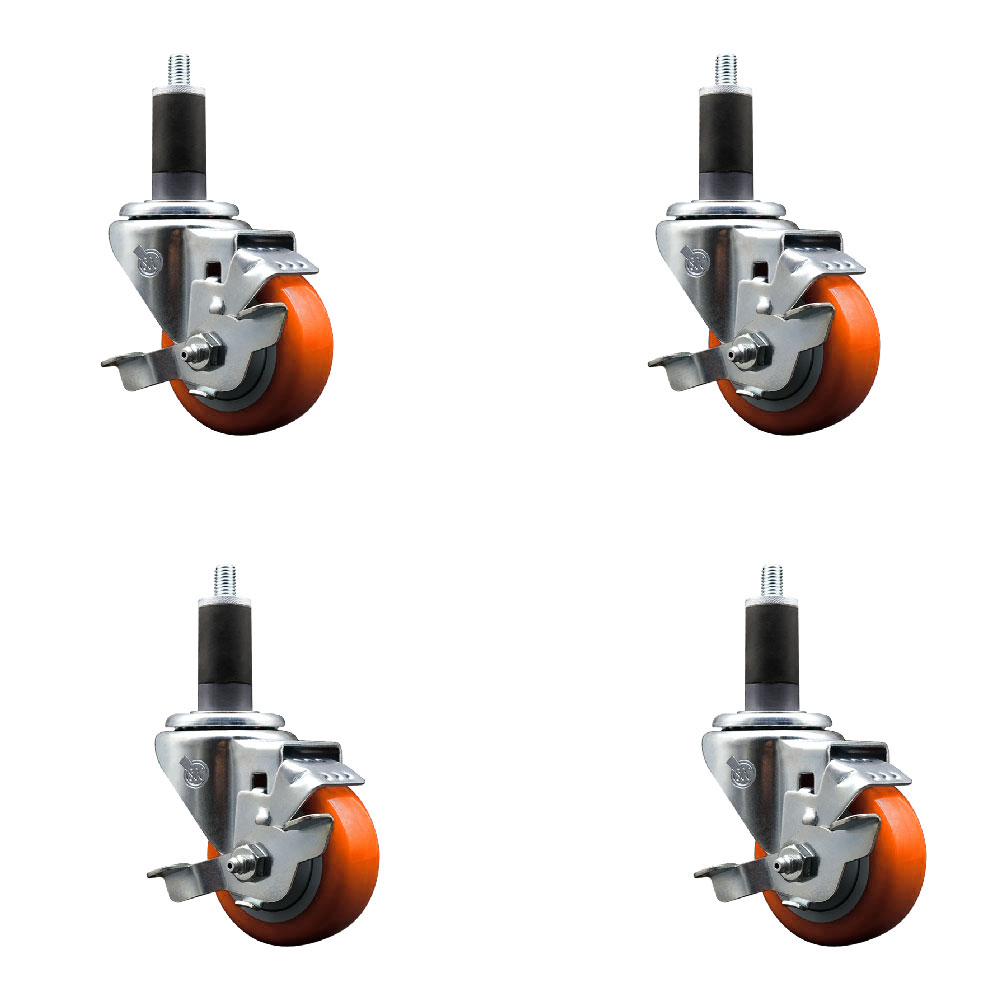 Stainless Steel Polyurethane Swivel Expanding Stem Caster Set of 4 with 3 Inch Orange Wheels and 1-1/4" Stems-Includes 4 Swivel with Top Locking Brakes-300lbs. Capacity Per Caster-Service Caster Brand — photo 1