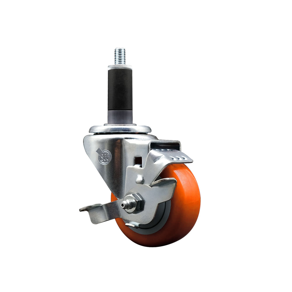 Polyurethane Expanding Stem Swivel Caster with 3 Inch Orange Wheel and 1-1/8" Stem & Top Locking Brake - 300 lbs. Capacity Per Caster - Service Caster Brand — photo 1