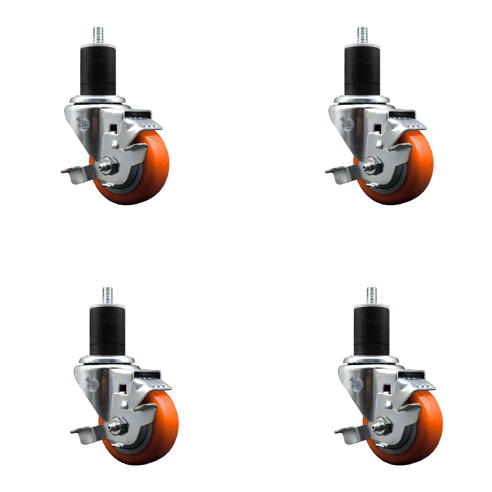 Polyurethane Swivel Expanding Stem Caster Set of 4 with 3 Inch Orange Wheels and 1-3/4" Stems - Includes 4 Swivel with Top Locking Brakes - 300 lbs. Capacity Per Caster - Service Caster Brand — photo 1