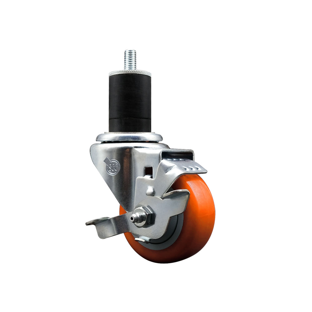 Stainless Steel Polyurethane Expanding Stem Swivel Caster with 3 Inch Orange Wheel and 1-3/4" Stem & Top Locking Brake - 300 lbs. Capacity Per Caster - Service Caster Brand — photo 1