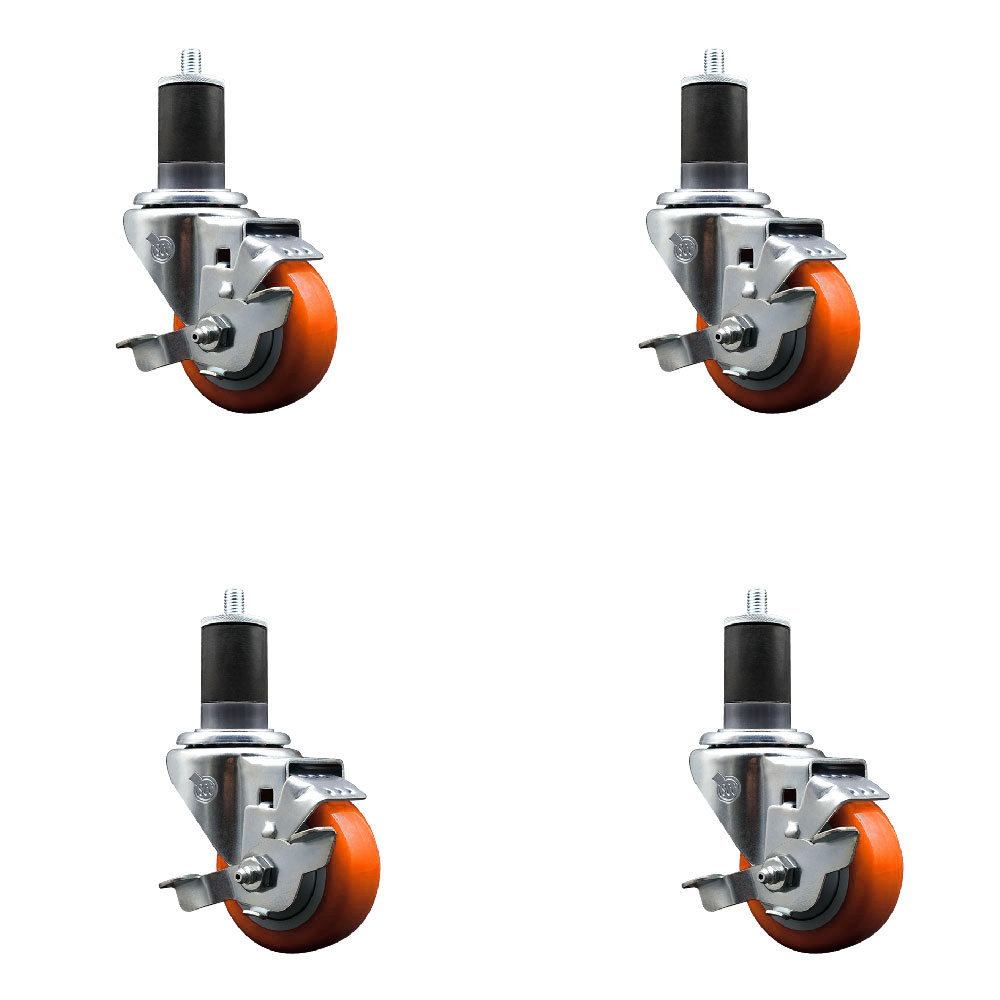 Stainless Steel Polyurethane Swivel Expanding Stem Caster Set of 4 with 3 Inch Orange Wheels and 1-5/8" Stems-Includes 4 Swivel with Top Locking Brakes-300lbs. Capacity Per Caster-Service Caster Brand — photo 1