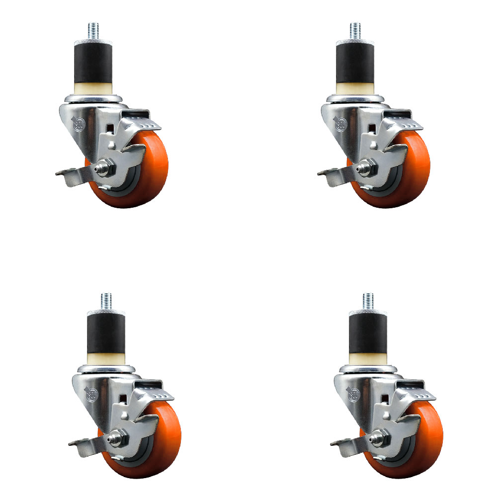 Stainless Steel Polyurethane Swivel Expanding Stem Caster Set of 4 with 3 Inch Orange Wheels and 1-7/8" Stems-Includes 4 Swivel with Top Locking Brakes-300lbs. Capacity Per Caster-Service Caster Brand — photo 1