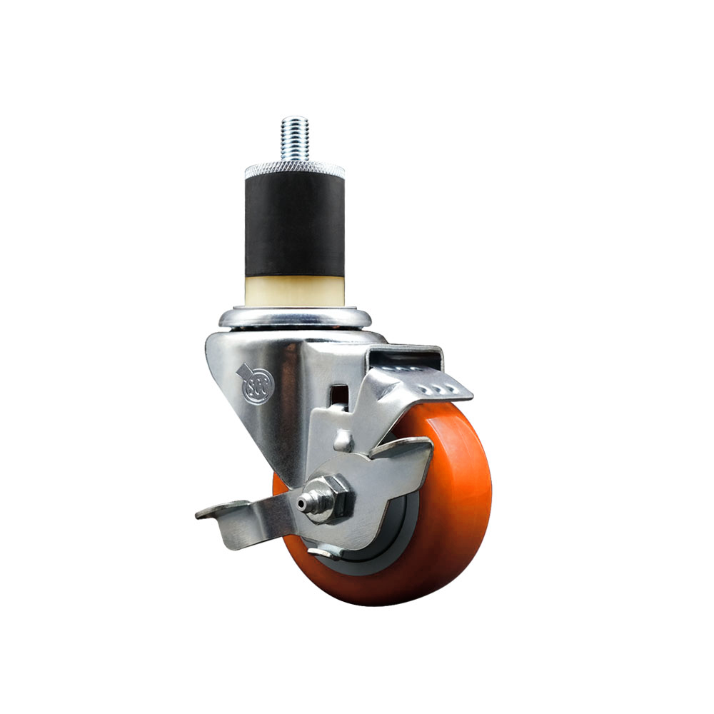 Stainless Steel Polyurethane Expanding Stem Swivel Caster with 3 Inch Orange Wheel and 1-7/8" Stem & Top Locking Brake - 300 lbs. Capacity Per Caster - Service Caster Brand — photo 1