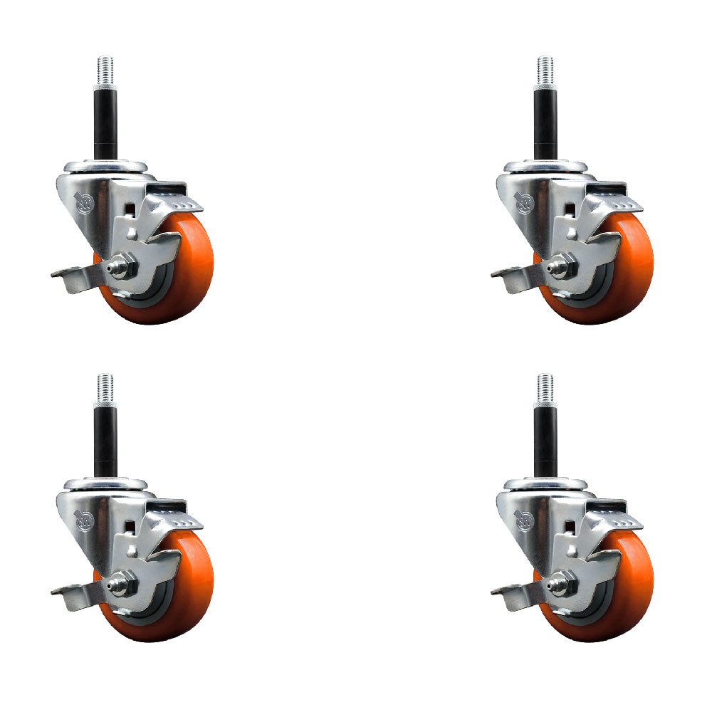 Stainless Steel Polyurethane Swivel Expanding Stem Caster Set of 4 with 3 Inch Orange Wheels and 3/4" Stems-Includes 4 Swivel with Top Locking Brakes-300lbs. Capacity Per Caster - Service Caster Brand — photo 1