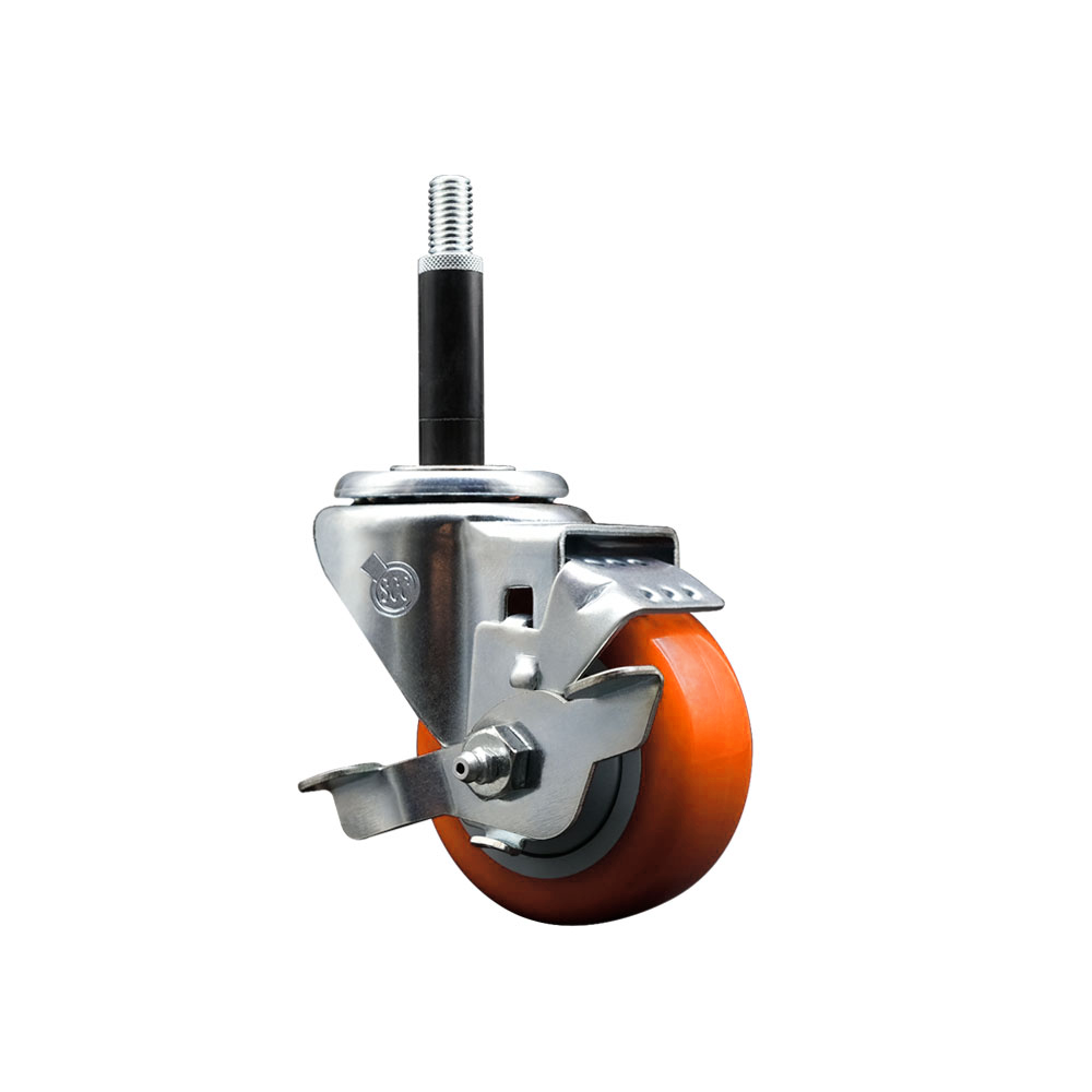 Stainless Steel Polyurethane Expanding Stem Swivel Caster with 3 Inch Orange Wheel and 3/4" Stem & Top Locking Brake - 300 lbs. Capacity Per Caster - Service Caster Brand — photo 1