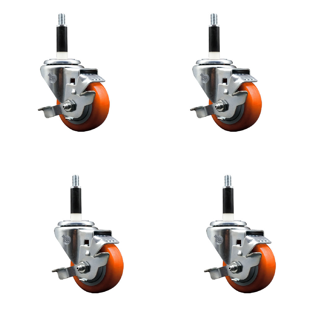 Polyurethane Swivel Expanding Stem Caster Set of 4 with 3 Inch Orange Wheels and 7/8" Stems - Includes 4 Swivel with Top Locking Brakes - 300 lbs. Capacity Per Caster - Service Caster Brand — photo 1