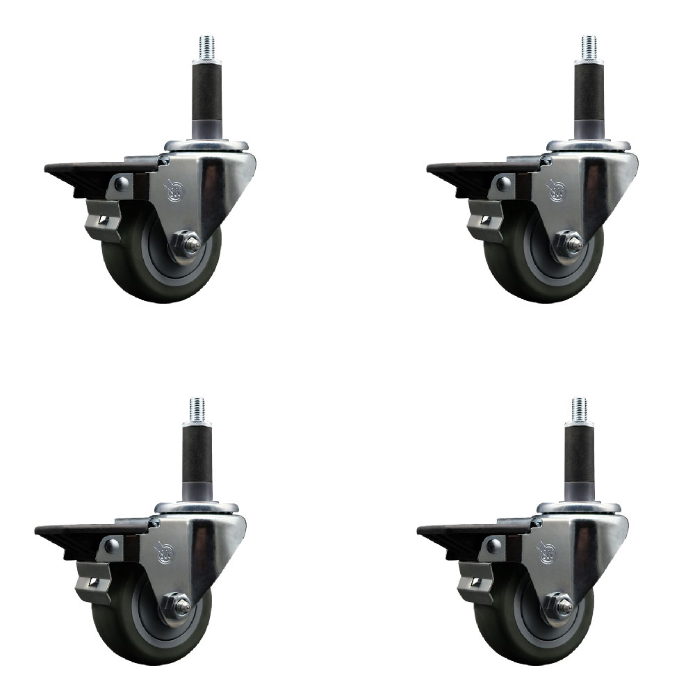 Polyurethane Swivel Expanding Stem Caster Set of 4 with 3 Inch Gray Wheels and 1" Stems - Includes 4 Swivel with Posi Locking Brakes - 300 lbs. Capacity Per Caster - Service Caster Brand — photo 1