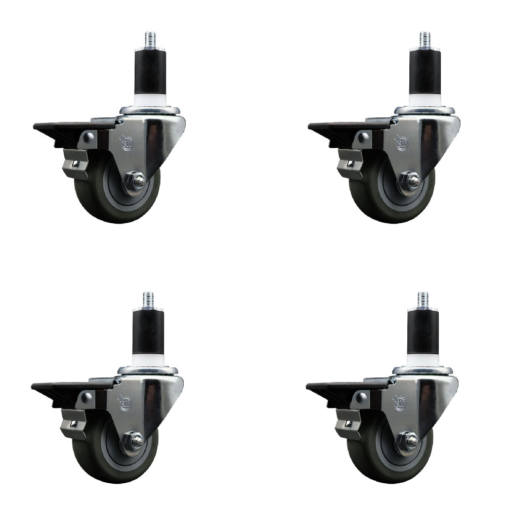 Polyurethane Swivel Expanding Stem Caster Set of 4 with 3 Inch Gray Wheels and 1-1/2" Stems - Includes 4 Swivel with Posi Locking Brakes - 300 lbs. Capacity Per Caster - Service Caster Brand — photo 1