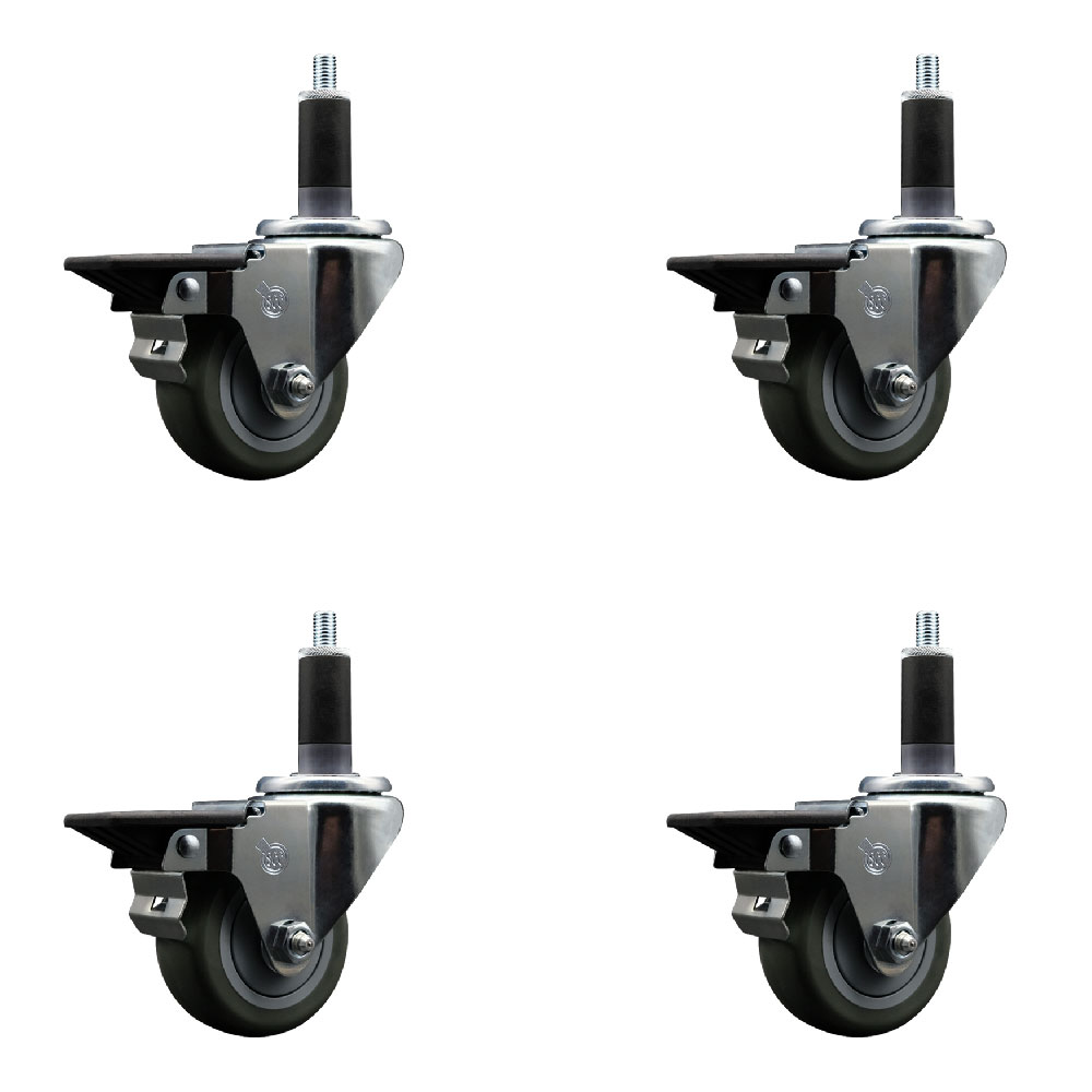 Polyurethane Swivel Expanding Stem Caster Set of 4 with 3 Inch Gray Wheels and 1-1/8" Stems - Includes 4 Swivel with Posi Locking Brakes - 300 lbs. Capacity Per Caster - Service Caster Brand — photo 1
