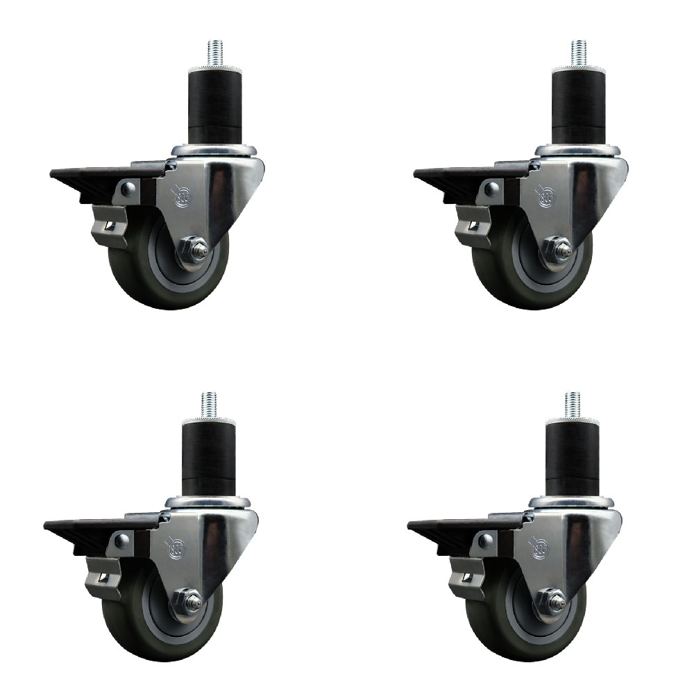 Polyurethane Swivel Expanding Stem Caster Set of 4 with 3 Inch Gray Wheels and 1-3/4" Stems - Includes 4 Swivel with Posi Locking Brakes - 300 lbs. Capacity Per Caster - Service Caster Brand — photo 1