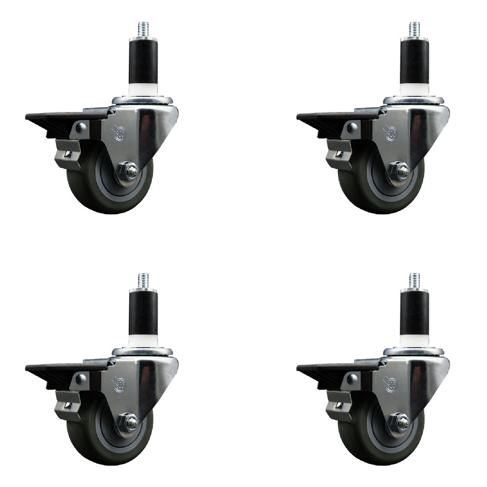Polyurethane Swivel Expanding Stem Caster Set of 4 with 3 Inch Gray Wheels and 1-3/8" Stems - Includes 4 Swivel with Posi Locking Brakes - 300 lbs. Capacity Per Caster - Service Caster Brand — photo 1