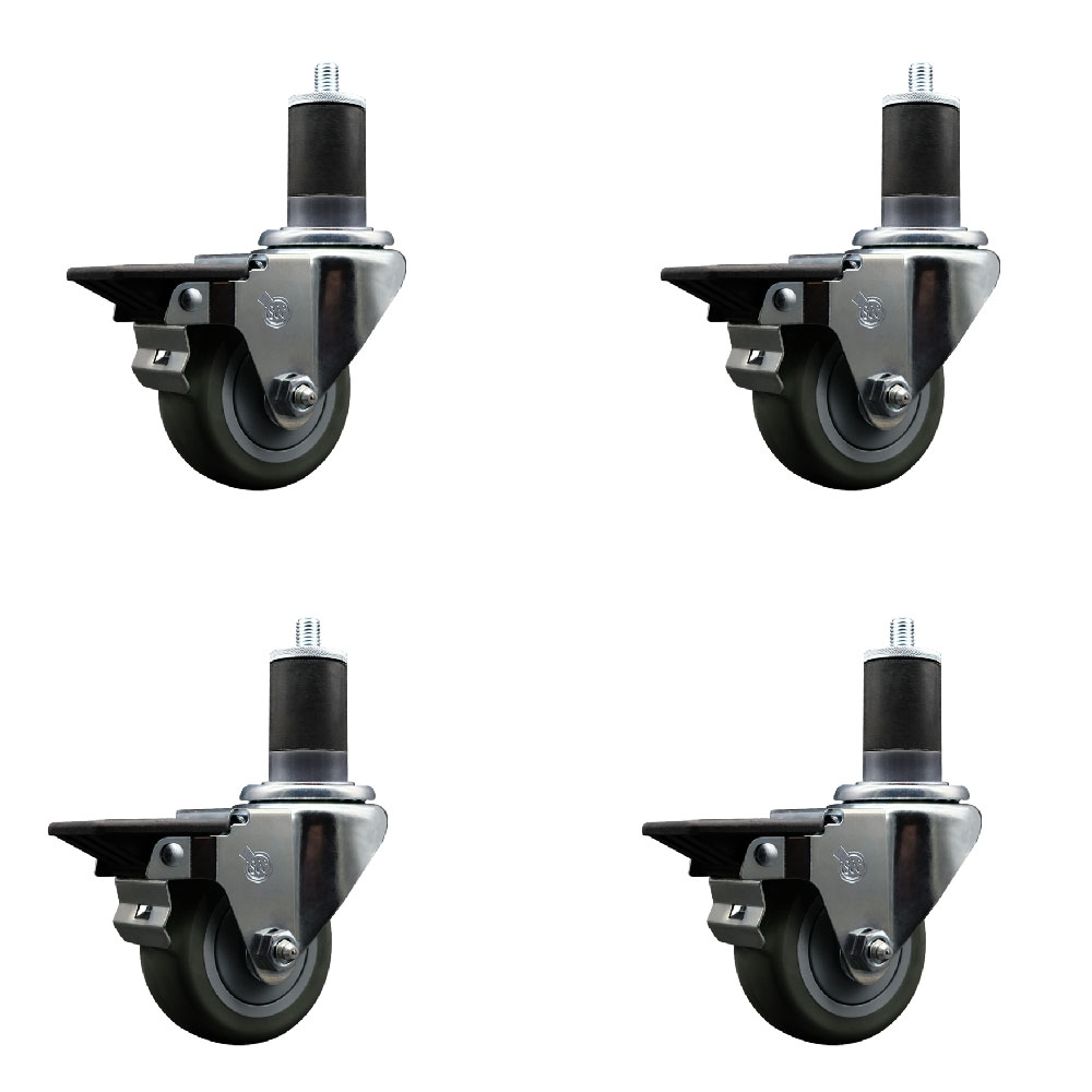 Polyurethane Swivel Expanding Stem Caster Set of 4 with 3 Inch Gray Wheels and 1-5/8" Stems - Includes 4 Swivel with Posi Locking Brakes - 300 lbs. Capacity Per Caster - Service Caster Brand — photo 1