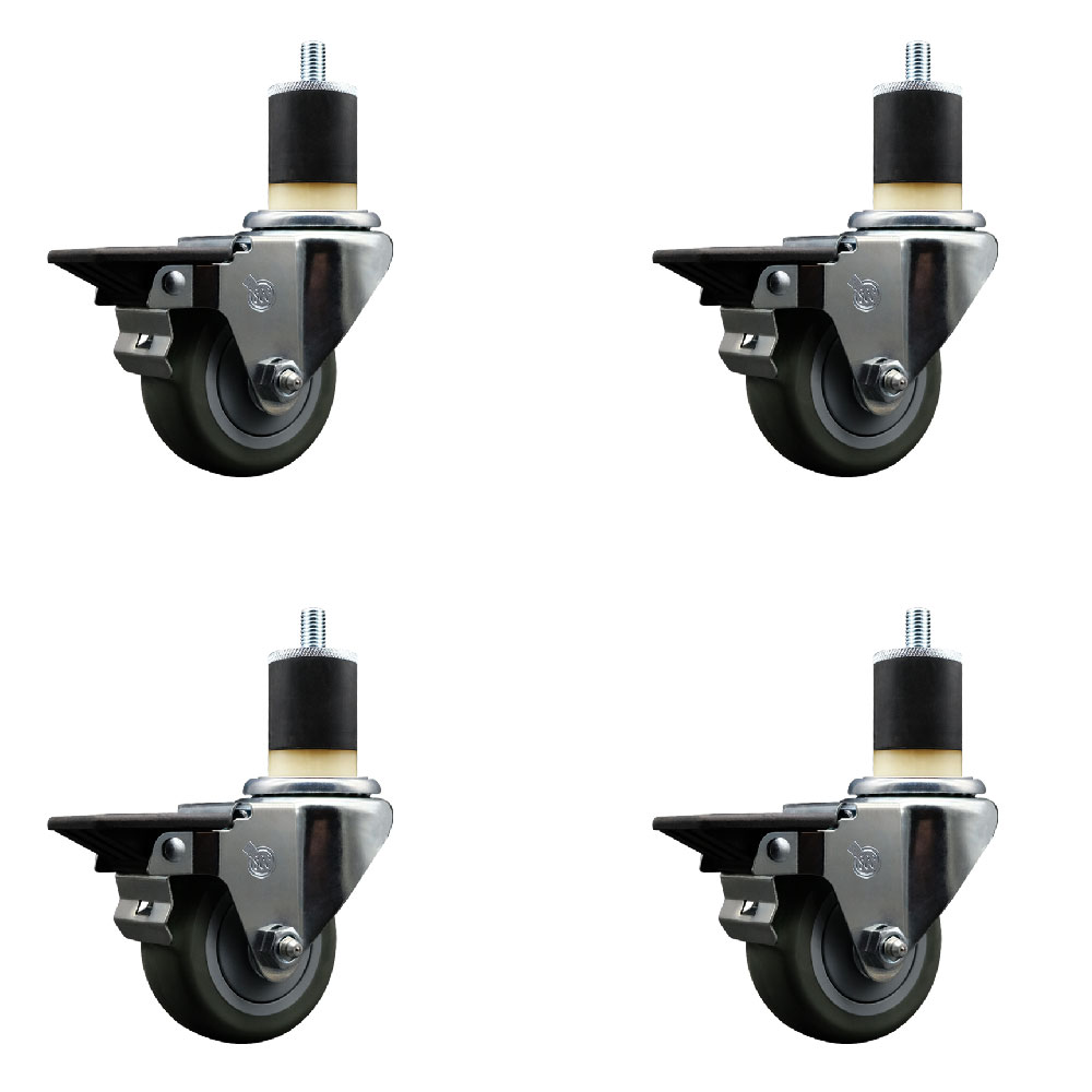 Polyurethane Swivel Expanding Stem Caster Set of 4 with 3 Inch Gray Wheels and 1-7/8" Stems - Includes 4 Swivel with Posi Locking Brakes - 300 lbs. Capacity Per Caster - Service Caster Brand — photo 1