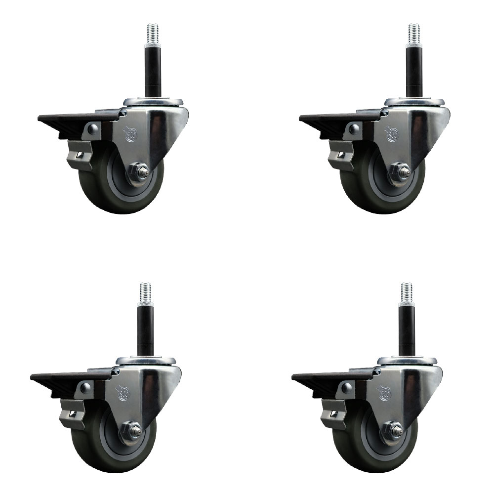 Polyurethane Swivel Expanding Stem Caster Set of 4 with 3 Inch Gray Wheels and 3/4" Stems - Includes 4 Swivel with Posi Locking Brakes - 300 lbs. Capacity Per Caster - Service Caster Brand — photo 1