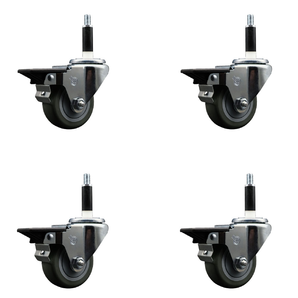 Polyurethane Swivel Expanding Stem Caster Set of 4 with 3 Inch Gray Wheels and 7/8" Stems - Includes 4 Swivel with Posi Locking Brakes - 300 lbs. Capacity Per Caster - Service Caster Brand — photo 1