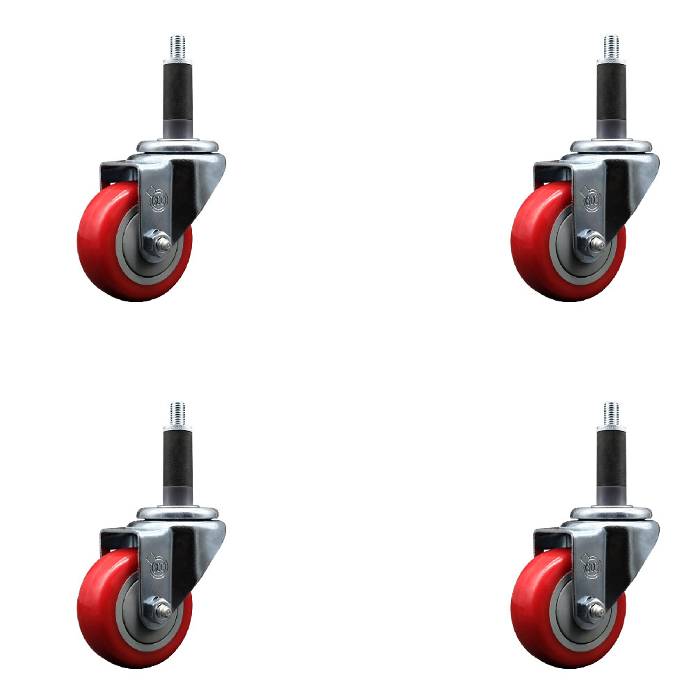 Polyurethane Swivel Expanding Stem Caster Set of 4 with 3 Inch Red Wheels and 1" Stems - 300 lbs. Capacity Per Caster - Service Caster Brand — photo 1