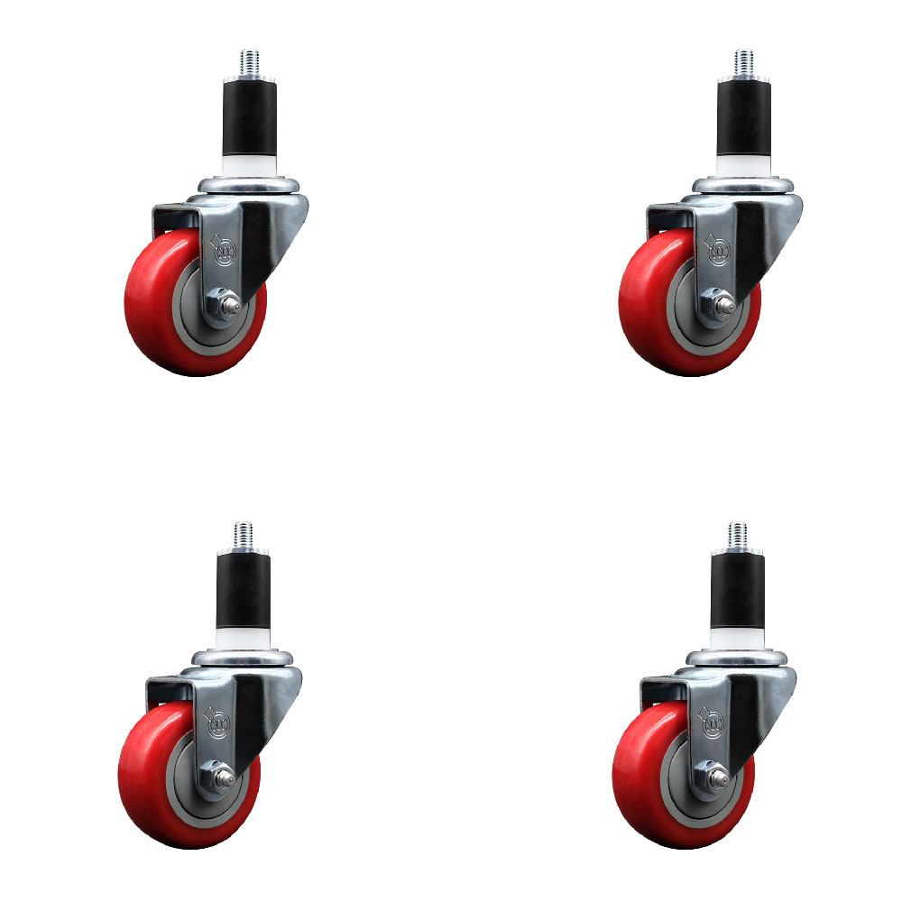 Stainless Steel Polyurethane Swivel Expanding Stem Caster Set of 4 with 3 Inch Red Wheels and 1-1/2" Stems - Includes 4 Swivel - 300 lbs. Capacity Per Caster - Service Caster Brand — photo 1