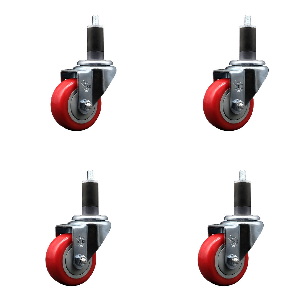 Polyurethane Swivel Expanding Stem Caster Set of 4 with 3 Inch Red Wheels and 1-1/4" Stems - 300 lbs. Capacity Per Caster - Service Caster Brand — photo 1