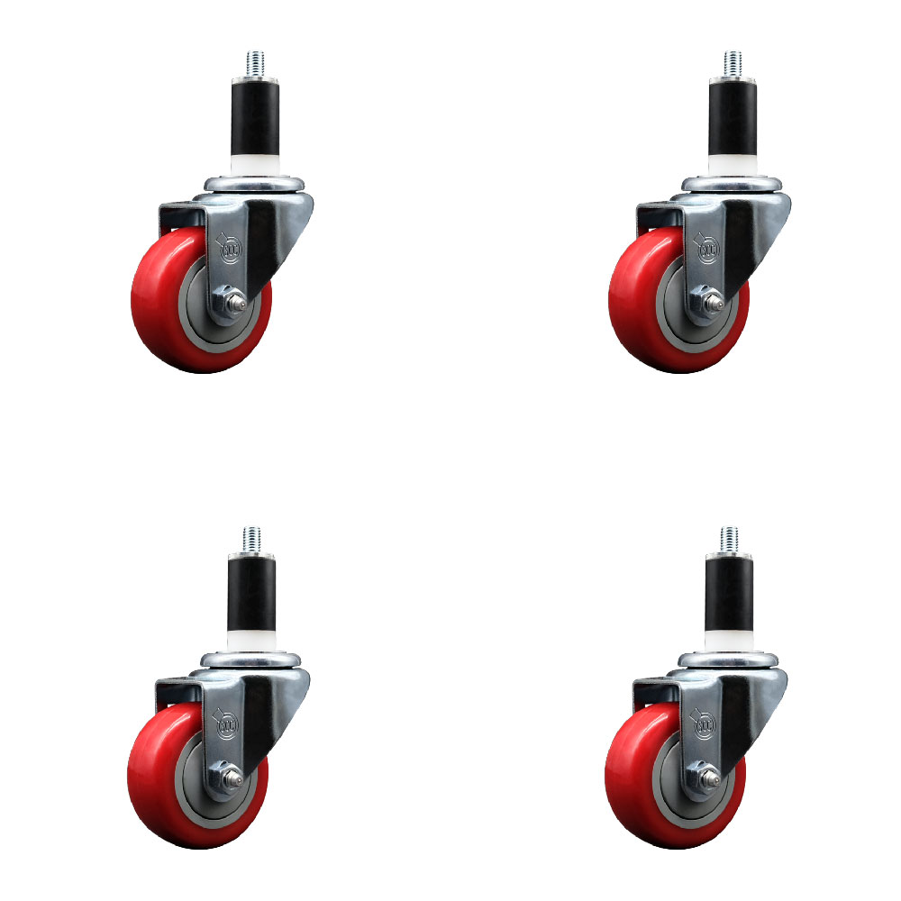 Stainless Steel Polyurethane Swivel Expanding Stem Caster Set of 4 with 3 Inch Red Wheels and 1-3/8" Stems - Includes 4 Swivel - 300 lbs. Capacity Per Caster - Service Caster Brand — photo 1