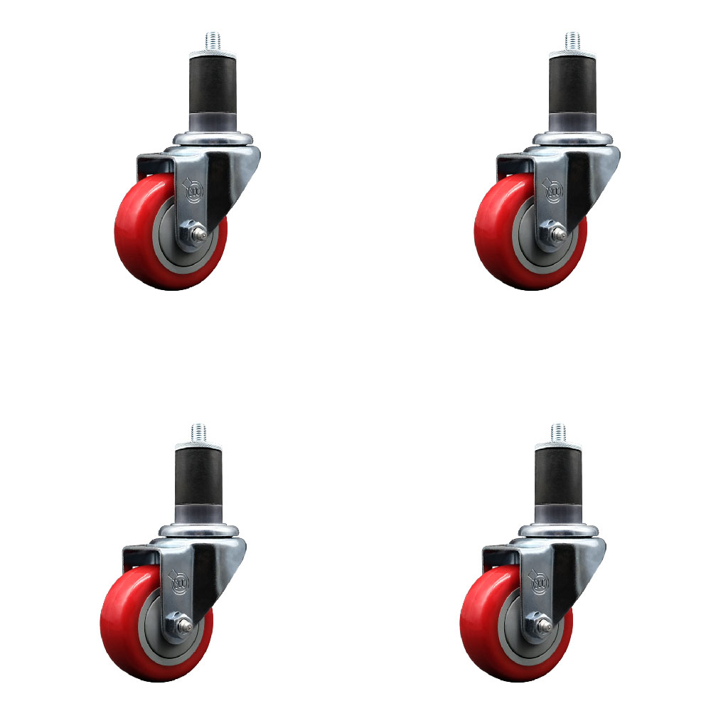 Polyurethane Swivel Expanding Stem Caster Set of 4 with 3 Inch Red Wheels and 1-5/8" Stems - 300 lbs. Capacity Per Caster - Service Caster Brand — photo 1